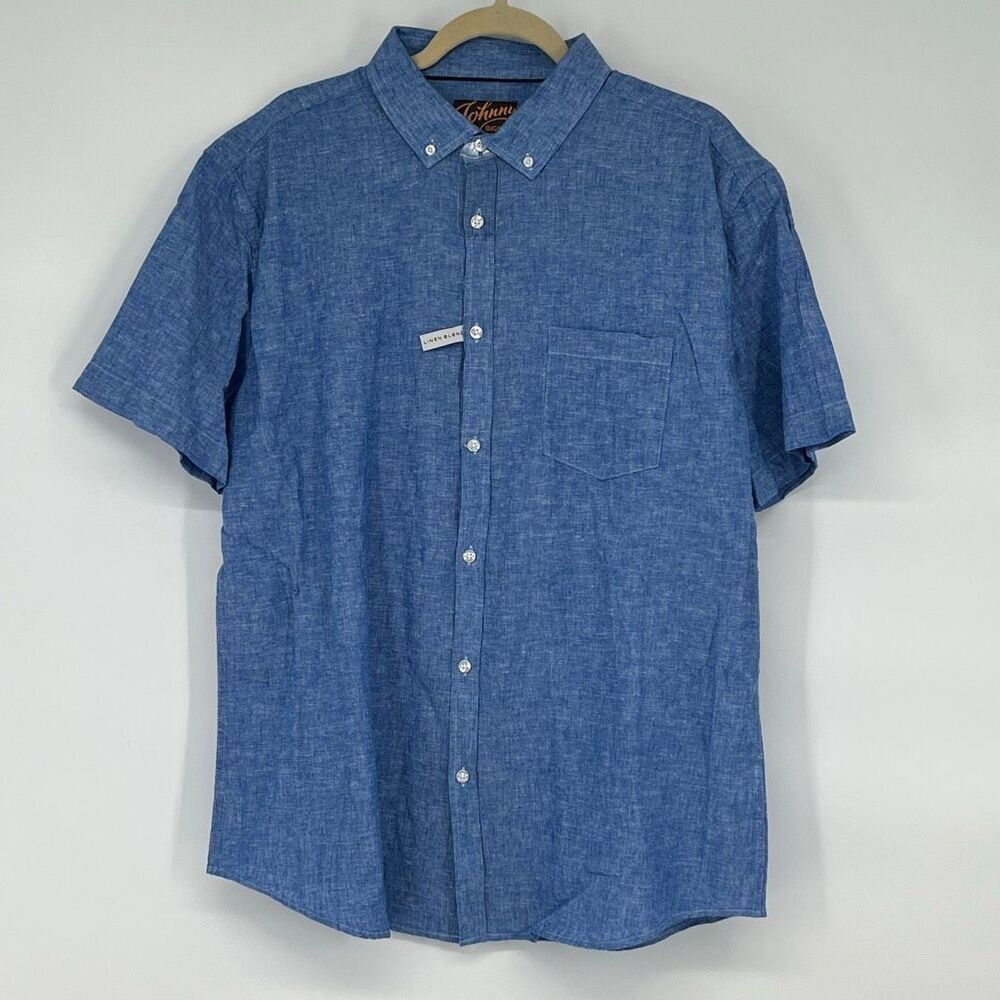 NWT JOHNNY BIGG Mens Short‎ Sleeve Button Up Shirt XL Blue Linen Blend Pocket